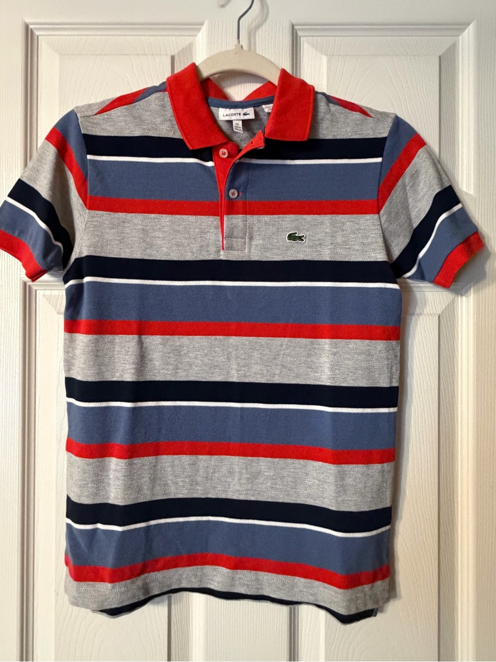 Lacoste Boys Red/Blue/Gray/White Striped Polo Shirt Short Sleeve Logo Size 12